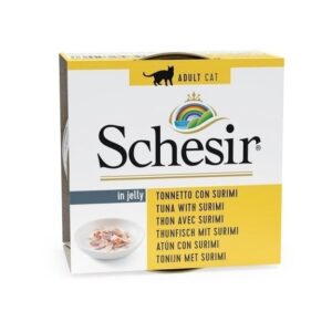 کنسرو گربه بالغ شسیر طعم ماهی تن و سوریمی درژله وزن 85 گرم