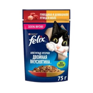پوچ گربه بالغ فلیکس طعم مرغ و بیف در ژله وزن 75 گرم